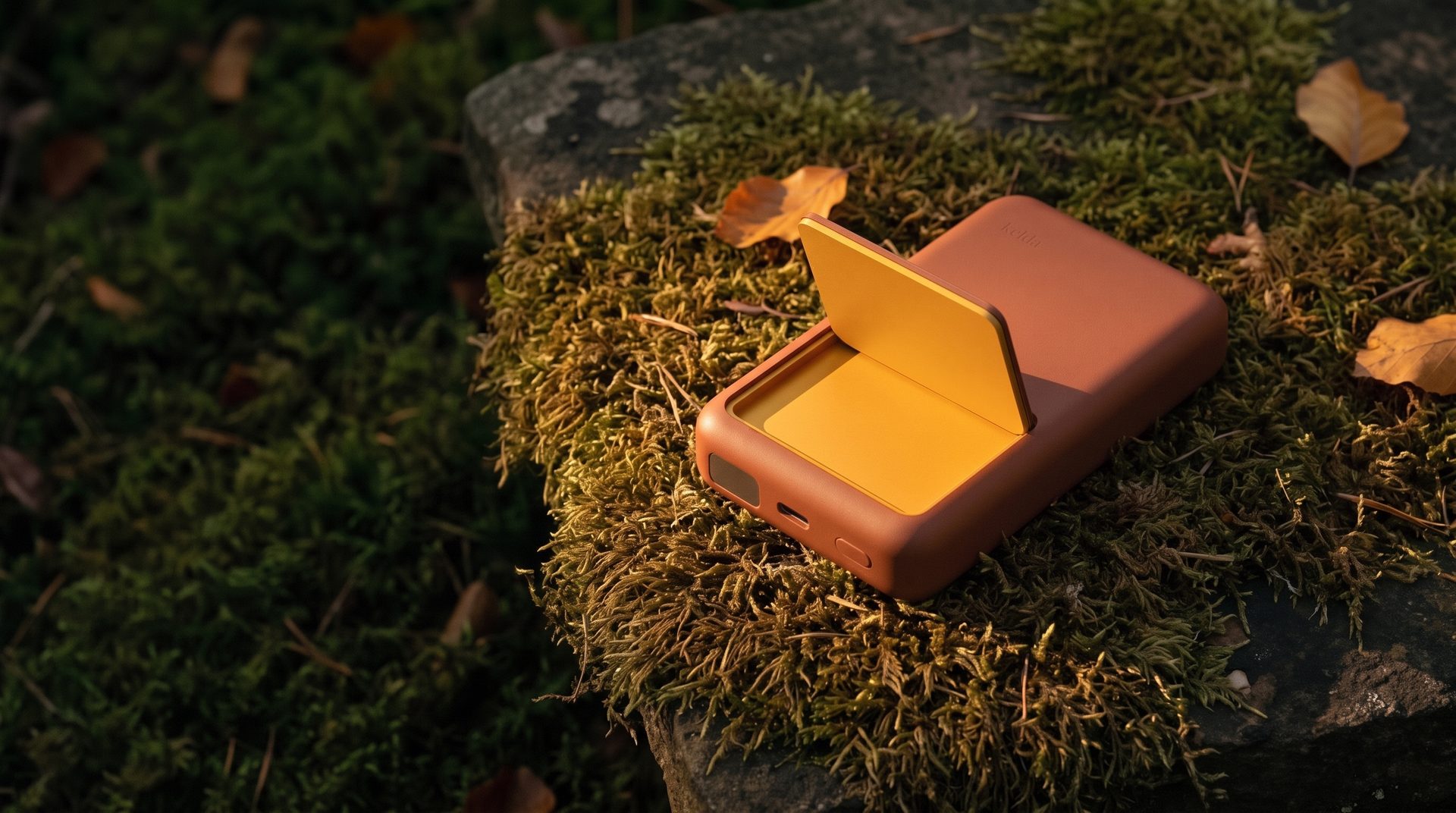 Terracotta Kelda 37 power bank with its marigold stand open, on moss on an old stone in low autumn sun