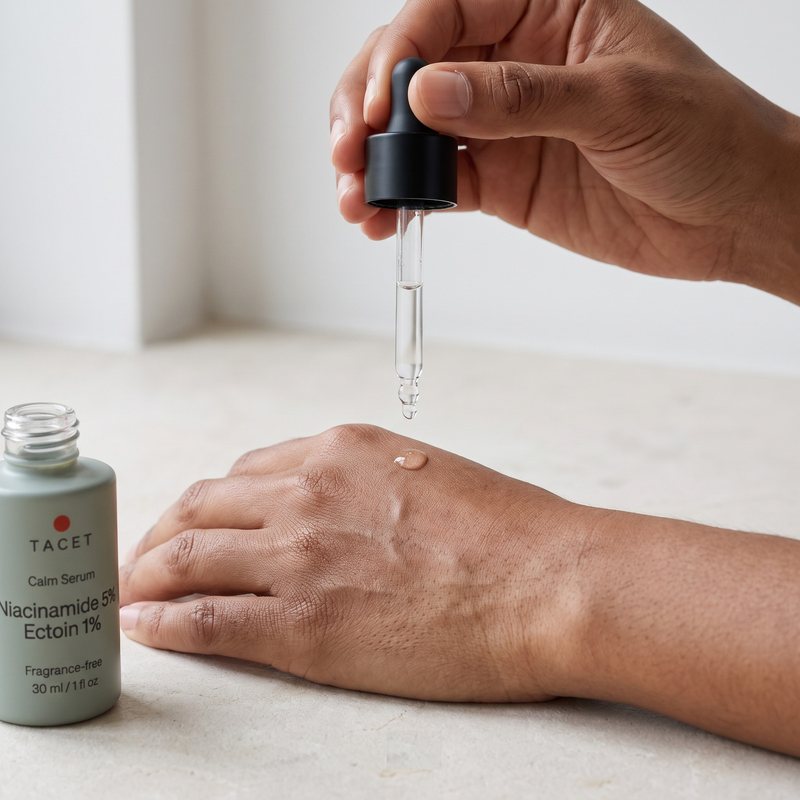 One clear drop placed on the back of a hand, open bottle beside it