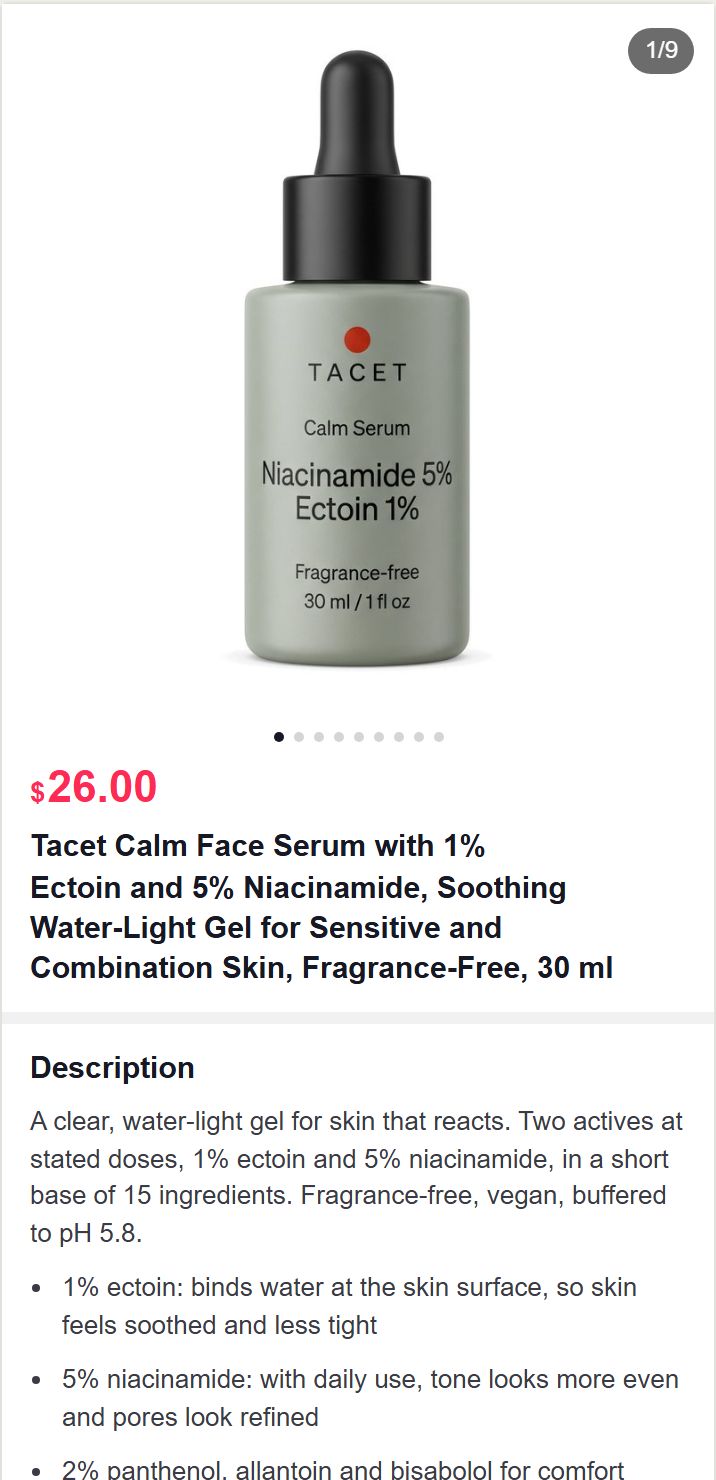 Tacet Calm Serum card on TikTok Shop, on a phone