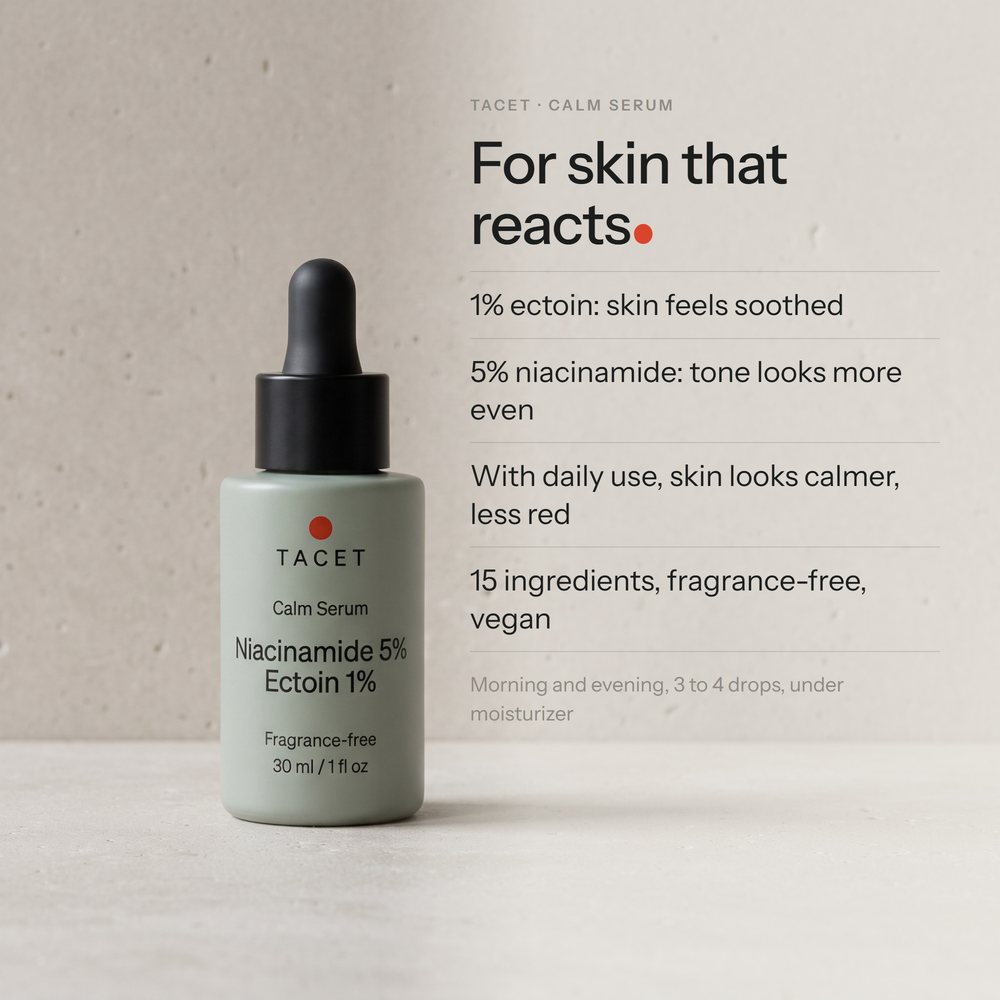 Tacet Calm Serum bottle standing on honed travertine in soft daylight, four benefit lines at right